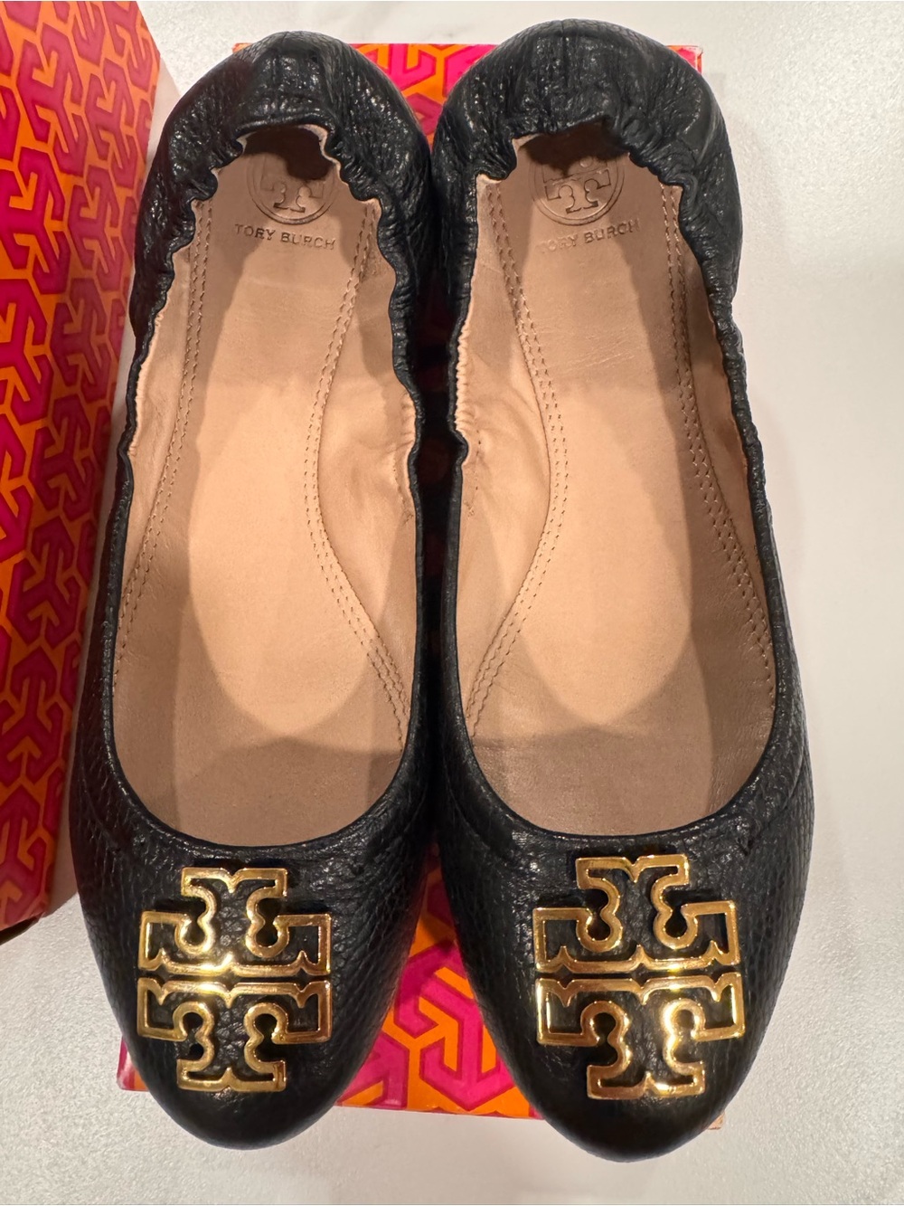 Tory Burch Black Leather Ballet Flats with Gold Logo